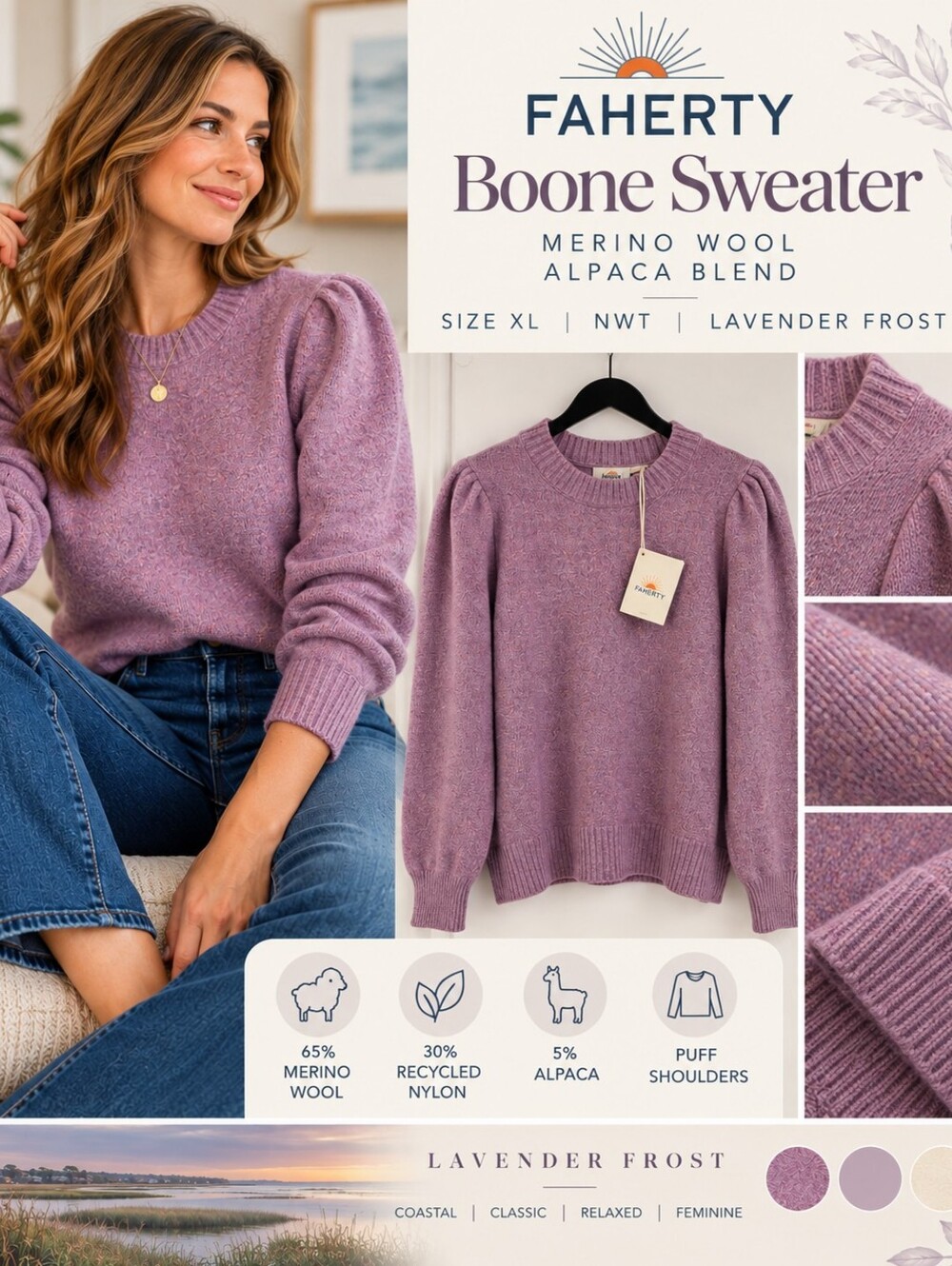 NWT Faherty Boone Sweater XL Lavender Frost Merino Wool Alpaca Puff Sleeve